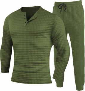 CRNTCEM Mens 2 Pieces Sweat Suits Lightweight Long Sleeve Waffle Knitted Workout Henley Sets Male Casual Jogging Tracksuits