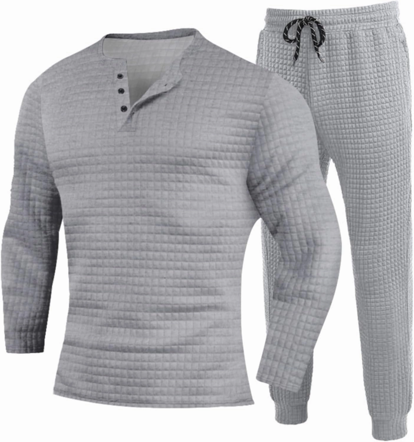 CRNTCEM Mens 2 Pieces Sweat Suits Lightweight Long Sleeve Waffle Knitted Workout Henley Sets Male Casual Jogging Tracksuits