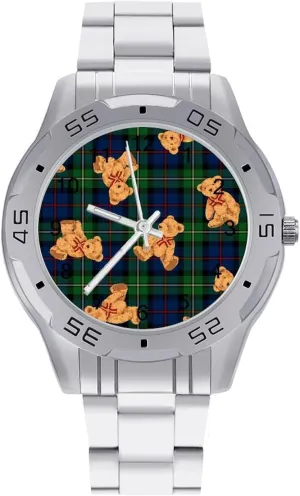 Cute Teddy Bear Doll Classic Wrist Watches for Men Casual Business Dress Watch with Stainless Steel Band Work Party