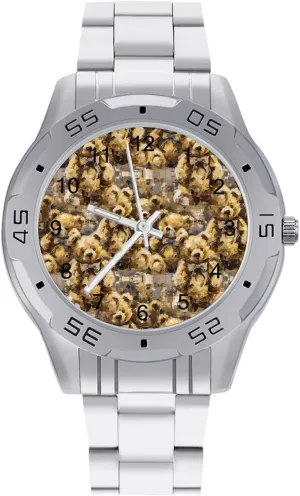 Cute Teddy Bear Doll Classic Wrist Watches for Men Casual Business Dress Watch with Stainless Steel Band Work Party