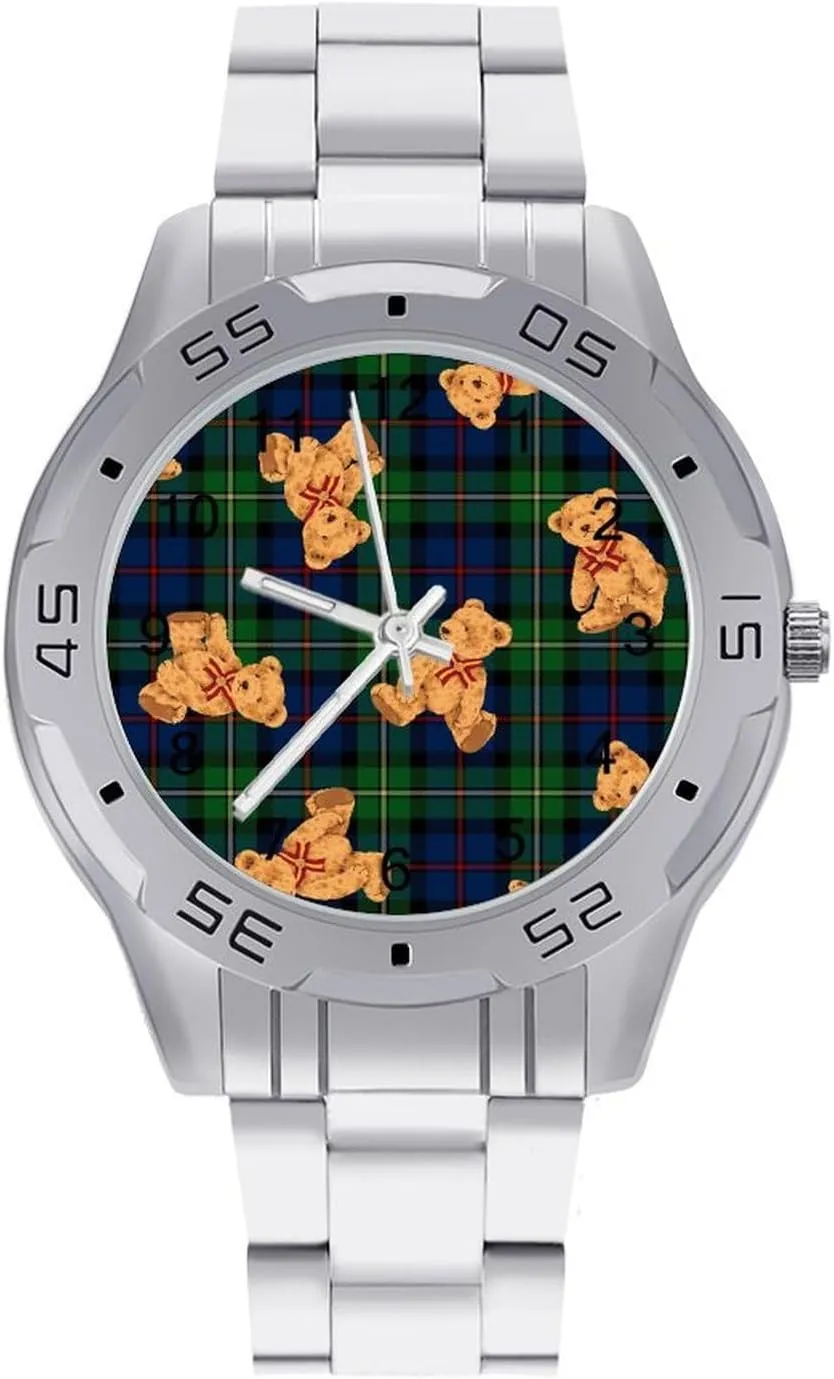 Cute Teddy Bear Doll Classic Wrist Watches for Men Casual Business Dress Watch with Stainless Steel Band Work Party