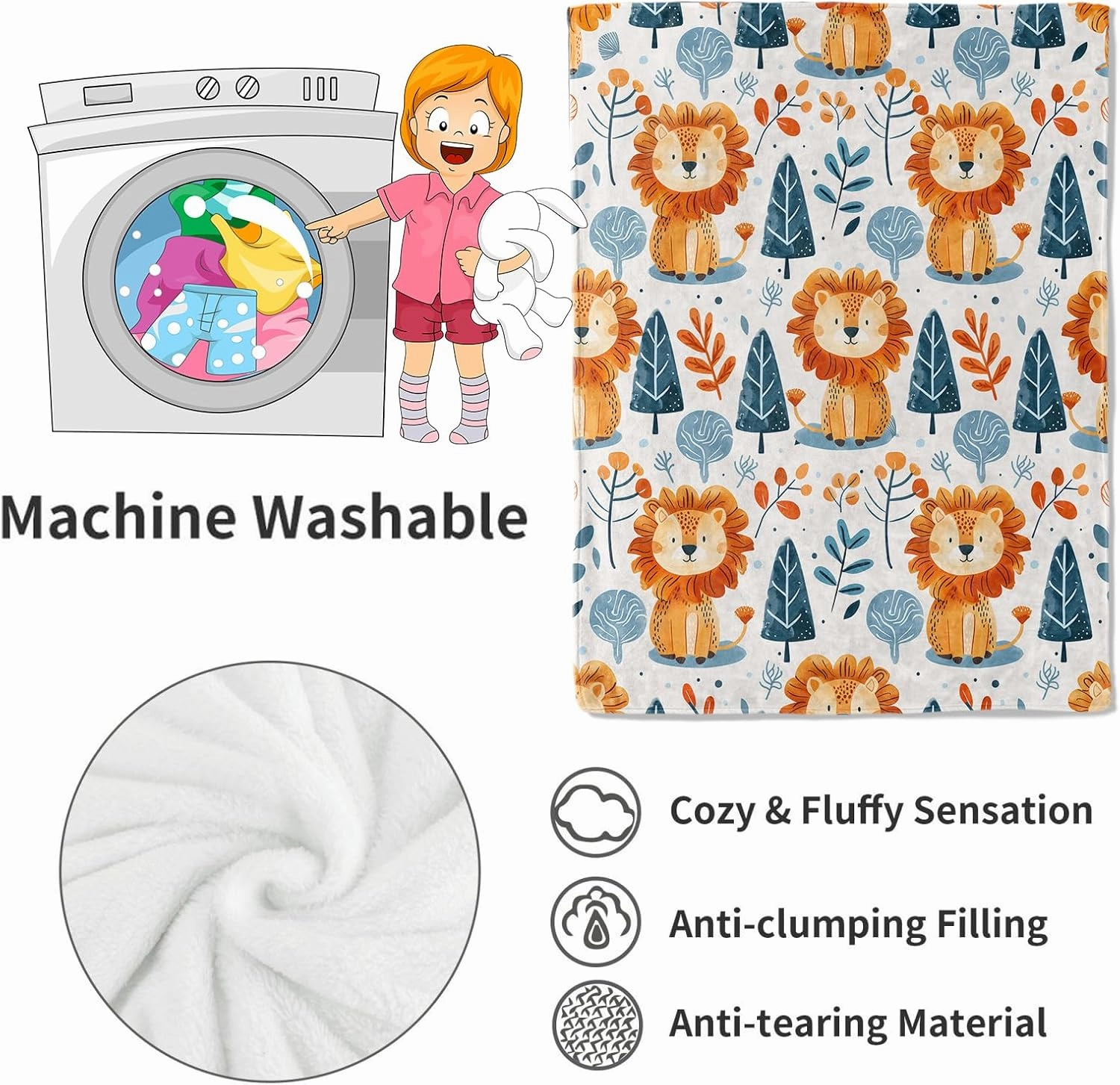 Cute Lion and Forest Blanket,Fun Cartoon Jungle Theme Throw Blankets,Birthday Gifts for Kids & Animal Lovers,Lightweight Soft Fleece,for Picnic Sofa Couch Bed Room Travel,Modern Decor,60x80in