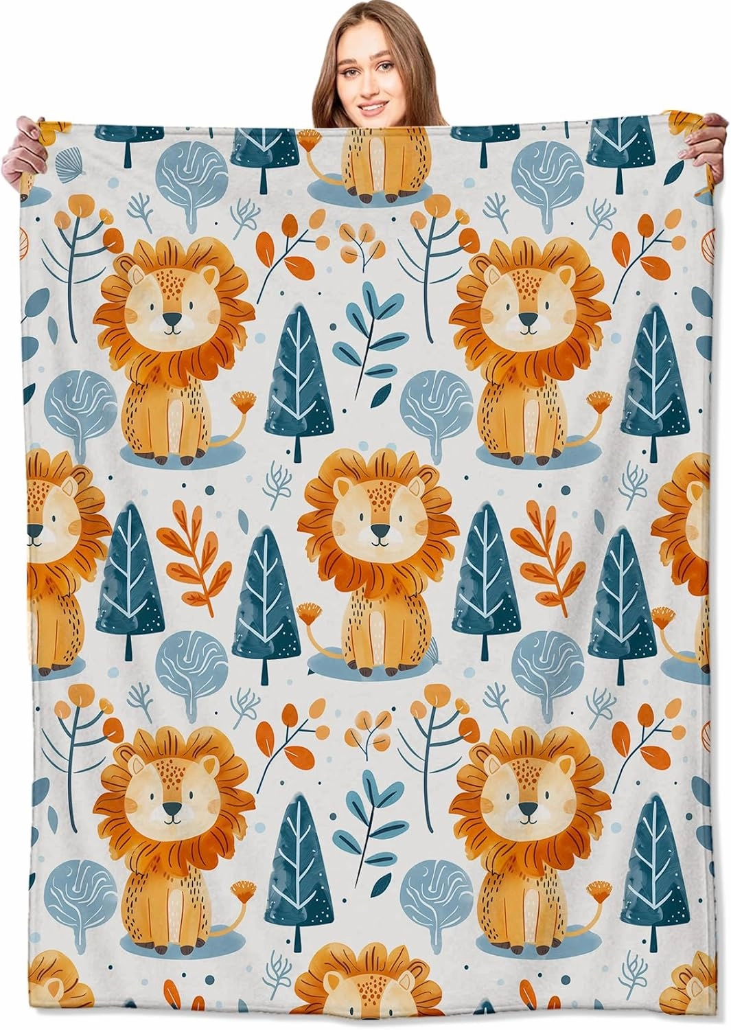 Cute Lion and Forest Blanket,Fun Cartoon Jungle Theme Throw Blankets,Birthday Gifts for Kids & Animal Lovers,Lightweight Soft Fleece,for Picnic Sofa Couch Bed Room Travel,Modern Decor,60x80in