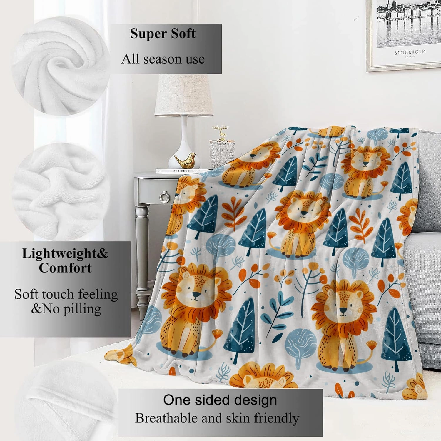 Cute Lion and Forest Blanket,Fun Cartoon Jungle Theme Throw Blankets,Birthday Gifts for Kids & Animal Lovers,Lightweight Soft Fleece,for Picnic Sofa Couch Bed Room Travel,Modern Decor,60x80in