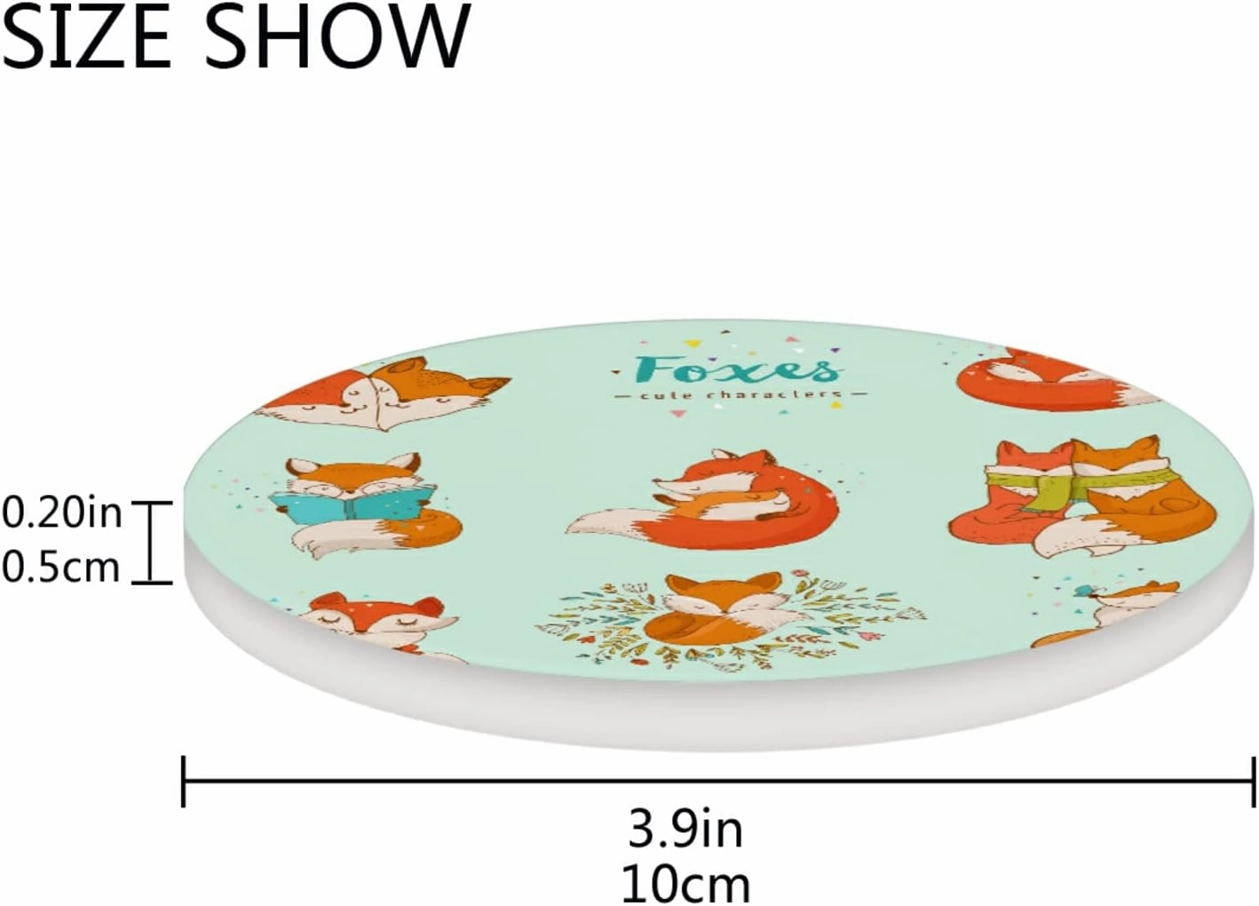 Cute Orange Foxes Different Actions Seamless on Turquoise 2 PCs Ceramic Mug Coaster for Drinks, Stone Coasters Holder with Cork Base, Oversize Cup Mat Pad for All Mugs, Housewarming Gift