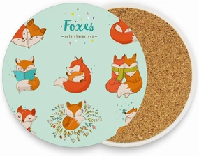 Cute Orange Foxes Different Actions Seamless on Turquoise 2 PCs Ceramic Mug Coaster for Drinks, Stone Coasters Holder with Cork Base, Oversize Cup Mat Pad for All Mugs, Housewarming Gift