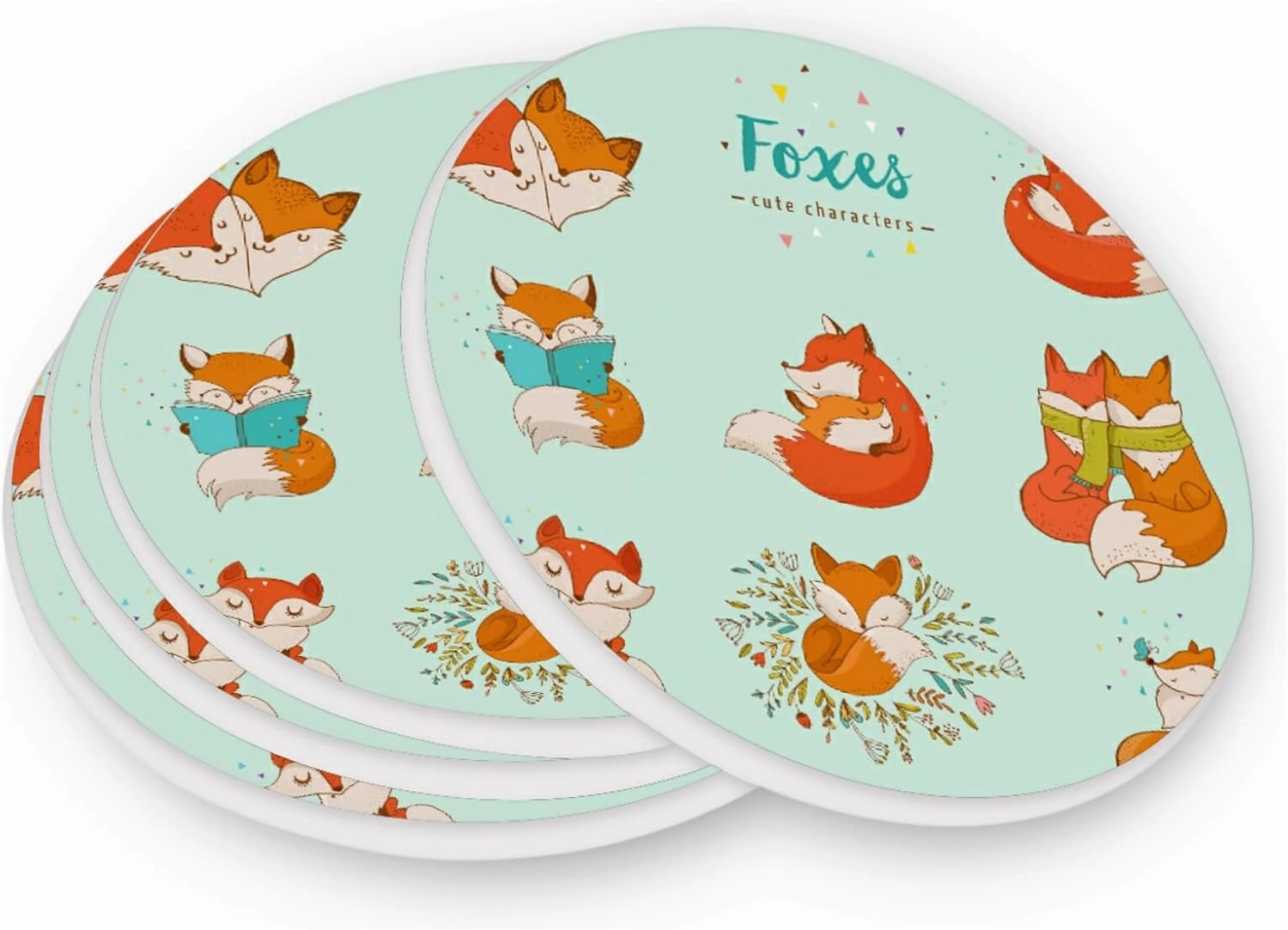 Cute Orange Foxes Different Actions Seamless on Turquoise 2 PCs Ceramic Mug Coaster for Drinks, Stone Coasters Holder with Cork Base, Oversize Cup Mat Pad for All Mugs, Housewarming Gift