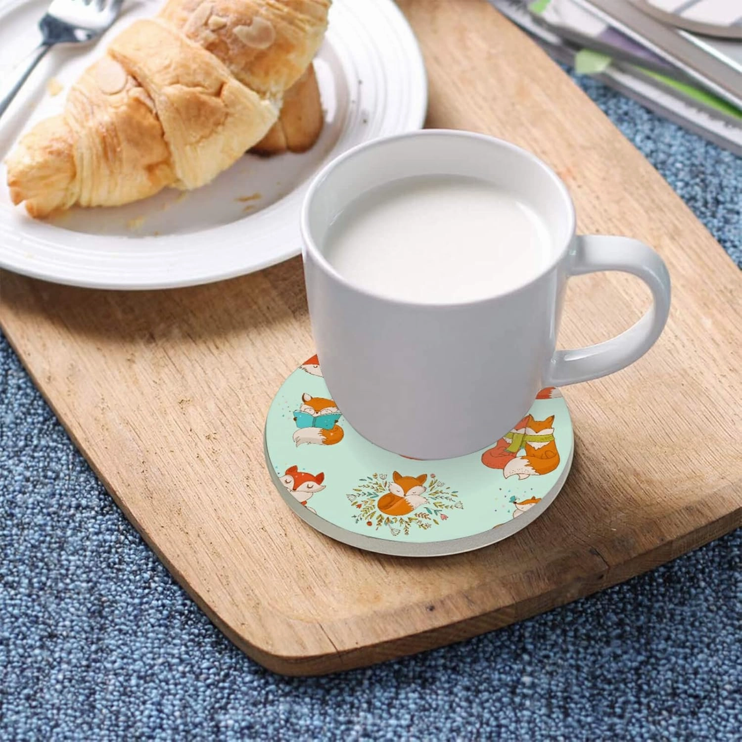 Cute Orange Foxes Different Actions Seamless on Turquoise 2 PCs Ceramic Mug Coaster for Drinks, Stone Coasters Holder with Cork Base, Oversize Cup Mat Pad for All Mugs, Housewarming Gift