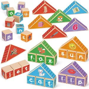 CVC Kasfalci Wooden Alphabet Letter Blocks - Toddler Phonics Games for Learning to Read & Spell, Speech Therapy Toys for Preschool Kindergarten Classroom