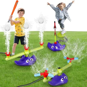 CWLAKON 4-in-1 Water Sprinkler Baseball & Rocket Launcher for Kids, Outdoor Summer Water Toys with 3 Jets, 2 360° Rotating Sprinkler, 3 Rockets, Outside Backyard Lawn Pool Party Games for Boys Girls