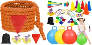 CWLAKON Tug of War Rope 40ft Orange for Kids and Adults, Carnival Outdoor Games Combo Set, Hopper Balls, Soft Plastic Cones Bean Bags Ring Toss, Egg Spoon Relay Race, Field Day 4th of July Games