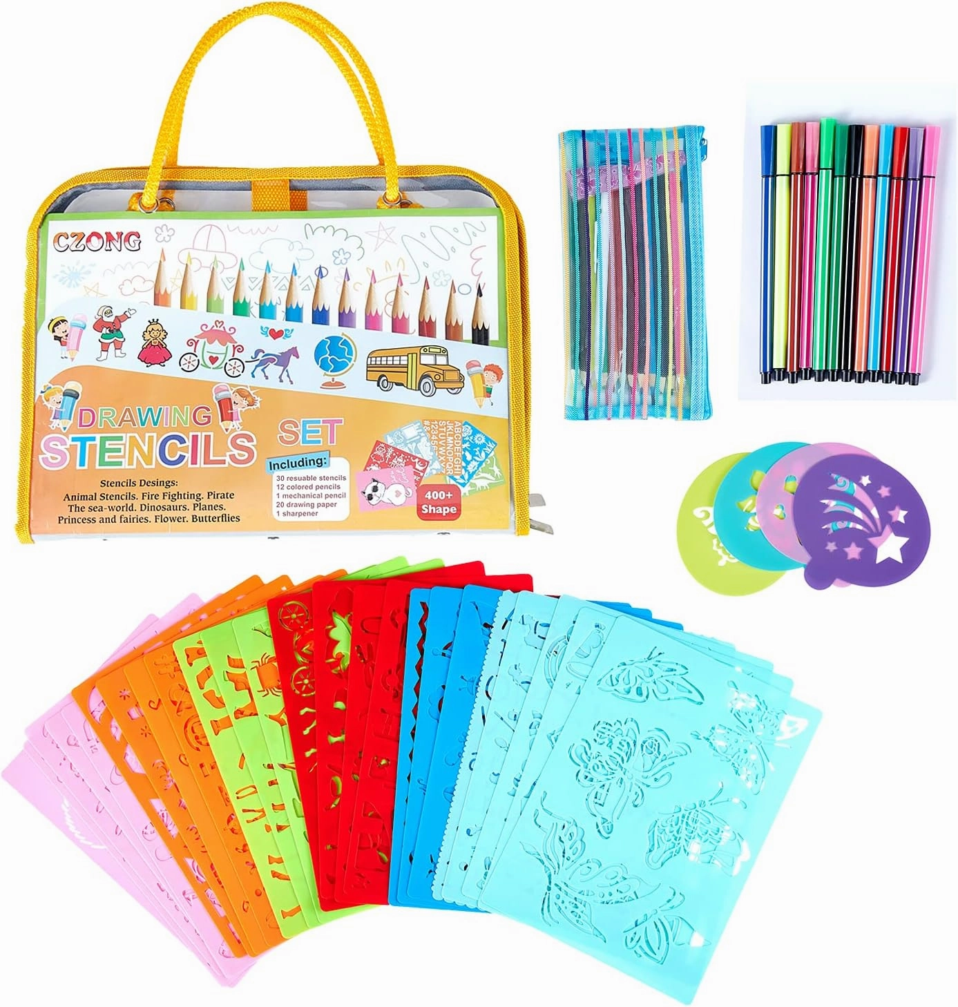 CZONG 30 Pieces Plastic Drawing Stencils Kit for Kids Arts and Crafts for Girls and Boys Kids Coloring Art Set, 400  Designs and Scratch Art- Educational Toy, Creativity Gift