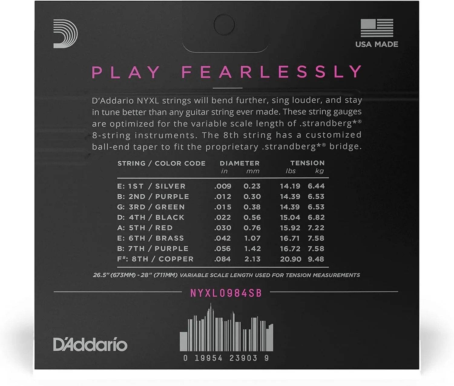 D'Addario Guitar Strings - NYXL Electric Guitar Strings - NYXL0984SB - Unrivaled Strength, Tuning Stability, Enhanced Mid-Range - For 8 String Guitars - 09-84 Custom Light 8-String Strandberg