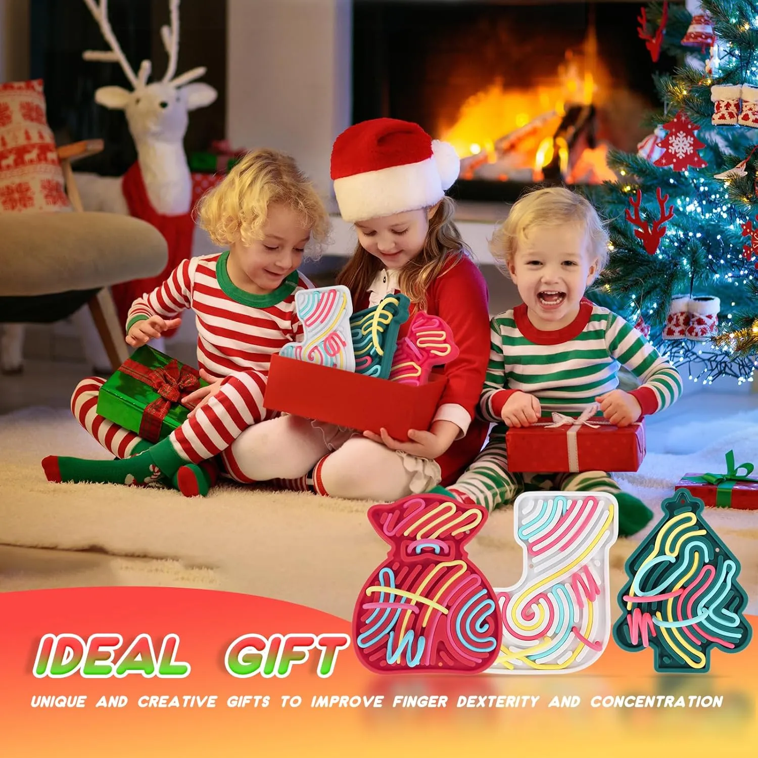 ddLUCK Christmas Sensory Activity Board Set, 3PCS Silicone Fidget Toy for ADHD and Autism, Sensory Toys with Christmas Tree, Stocking and Lucky Bag, Chirstmas Gifts for Kids 2  with 54 Strings