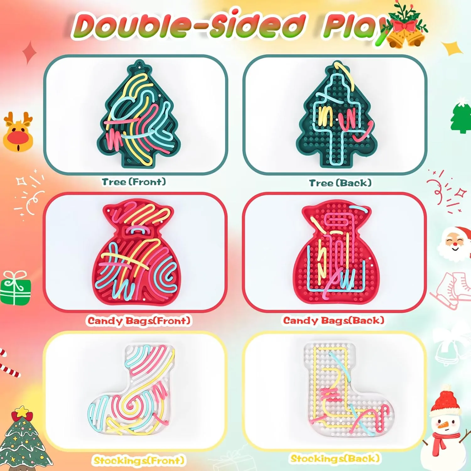 ddLUCK Christmas Sensory Activity Board Set, 3PCS Silicone Fidget Toy for ADHD and Autism, Sensory Toys with Christmas Tree, Stocking and Lucky Bag, Chirstmas Gifts for Kids 2  with 54 Strings