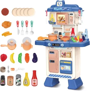 deAO Kids Kitchen Playset 35PCS Play Kitchen Toys Accessories with Sounds Lights,Cooking Stove Steam,Pretend Play for Toddler Aged 3 4 5 6 7 8 Years (Blue)