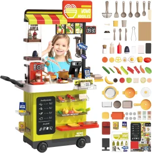 deAO Kids Kitchen Playset 88PCS Fast Food Shop Kitchen Toy Set with Cashier Register, Color Changing Play Food, Gifts for Girls Boys Aged 3-12 Years