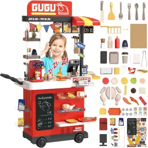 deAO Kitchen Playset Kids Kitchen Toys 82PCS Large Supermarket Playset Fried Chicken Shop Playset with Cashier Register, Color Changing Play Food, Gifts for Girls Boys Aged 3-12 Years