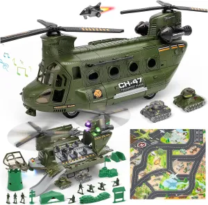 deAO Military Helicopter Toys Set Transport Helicopter Soldier Army Men Action Figures and Play Map, Army Toys Military Toys Christmas Birthday Party Gifts for Kids
