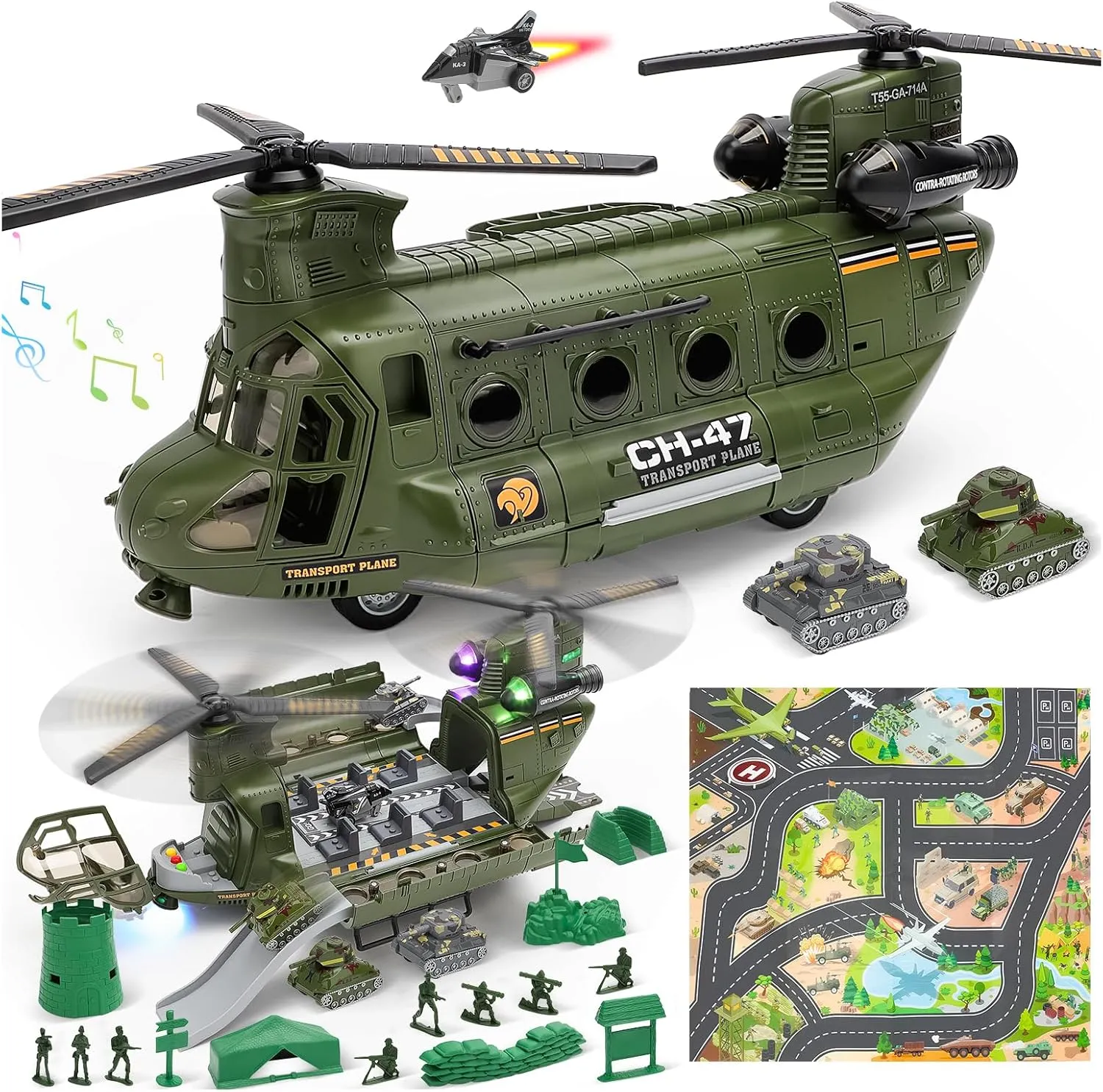 deAO Military Helicopter Toys Set Transport Helicopter Soldier Army Men Action Figures and Play Map, Army Toys Military Toys Christmas Birthday Party Gifts for Kids