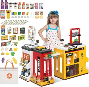 deAO Supermarket Playset for Kids Pretend Play Grocery Store Playset with Storage Bag Cash Register Coffee Machine Play Food Accessories Christmas Birthday Gift Toys for Kids Yellow RED