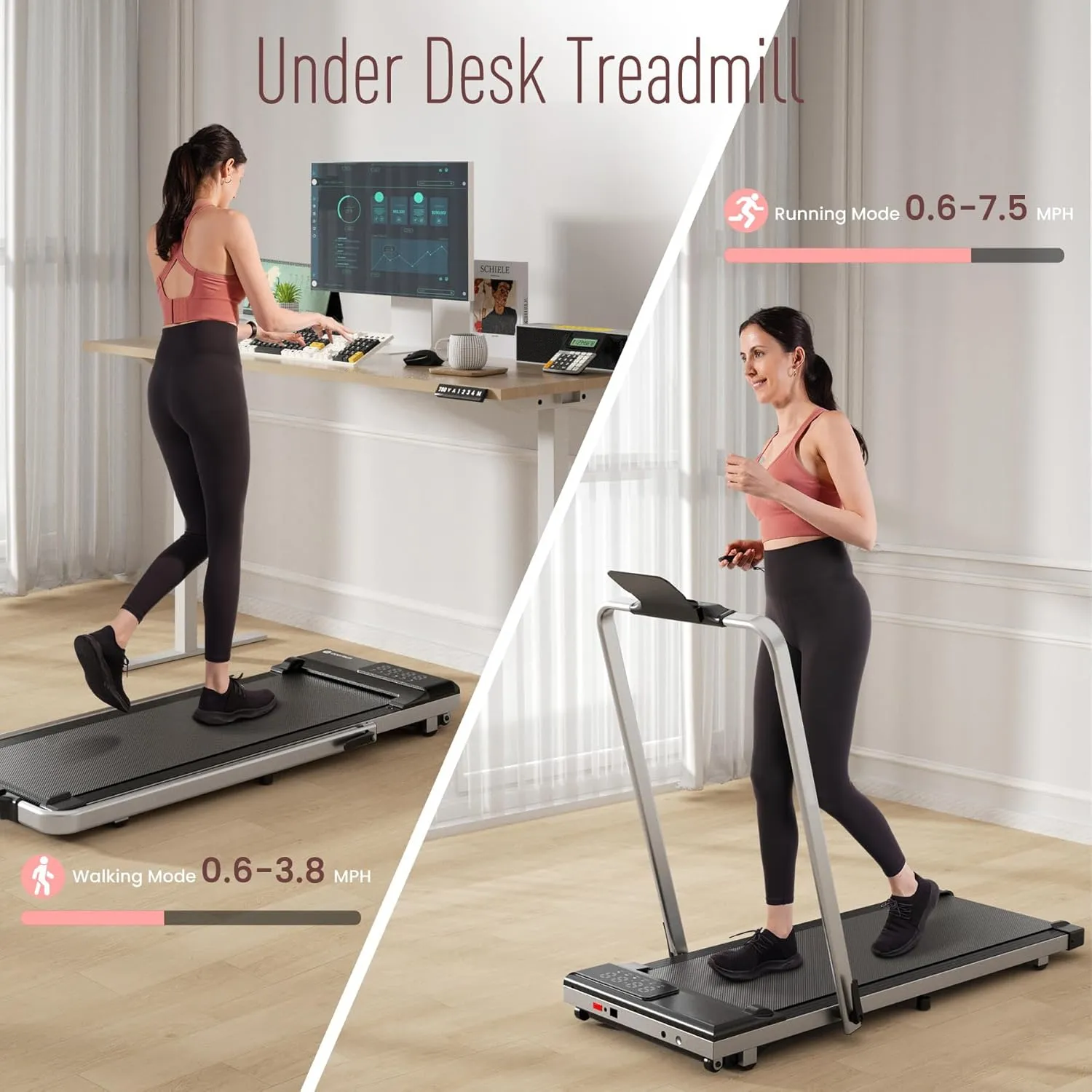 DeerRun 3 in 1 Under Desk Walking Pad Treadmill, 3.0HP Low Noise Portable for Home & Office, 300LBs Weight Capacity Folding With Remote Control & Smart APP