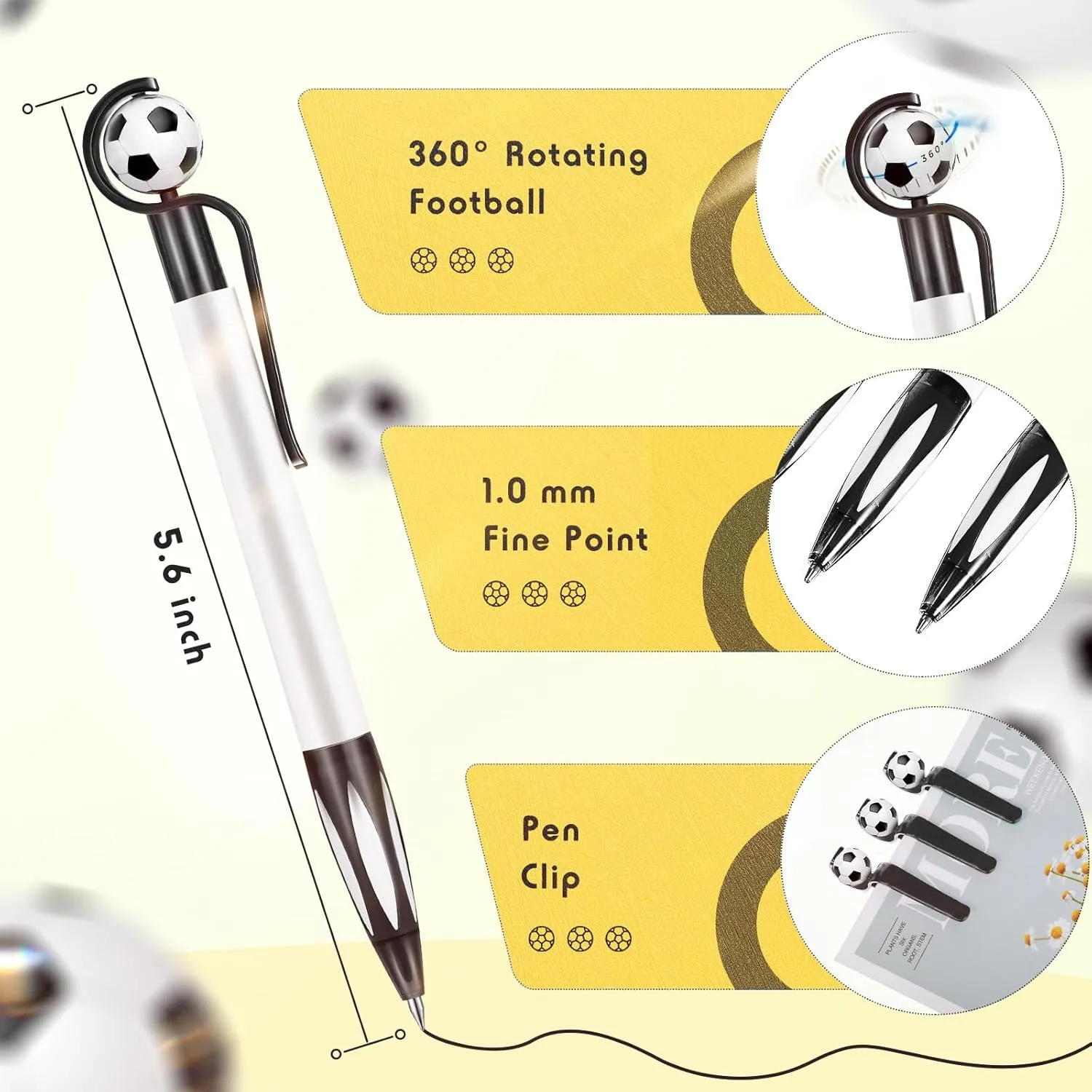 Dianelhall 20 Pcs Soccer Party Favors Soccer Pen Ballpoint Pens Retractable Multicolor Medium Point 1.0 mm Soft Grip Pen for Office(Black,Vivid)
