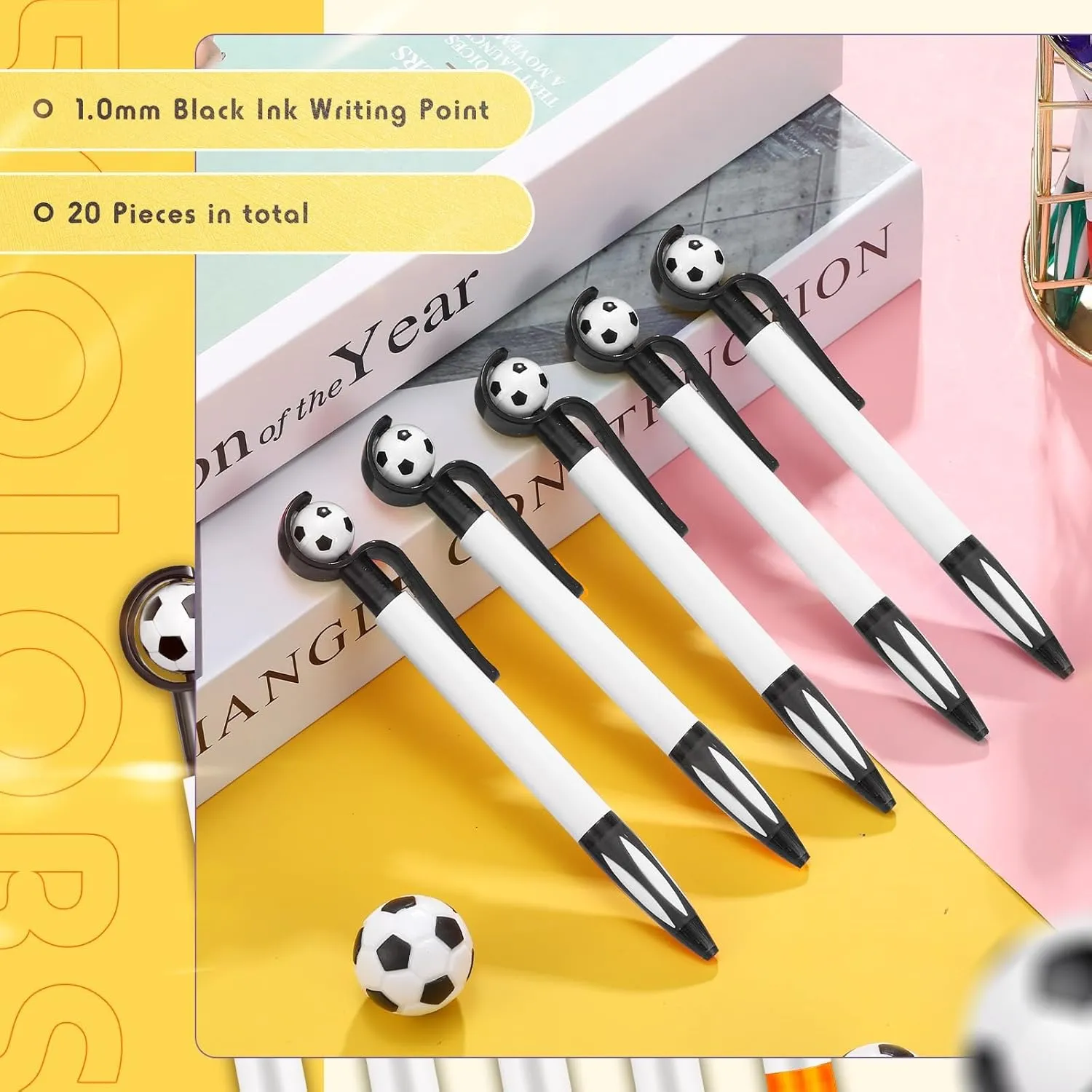Dianelhall 20 Pcs Soccer Party Favors Soccer Pen Ballpoint Pens Retractable Multicolor Medium Point 1.0 mm Soft Grip Pen for Office(Black,Vivid)