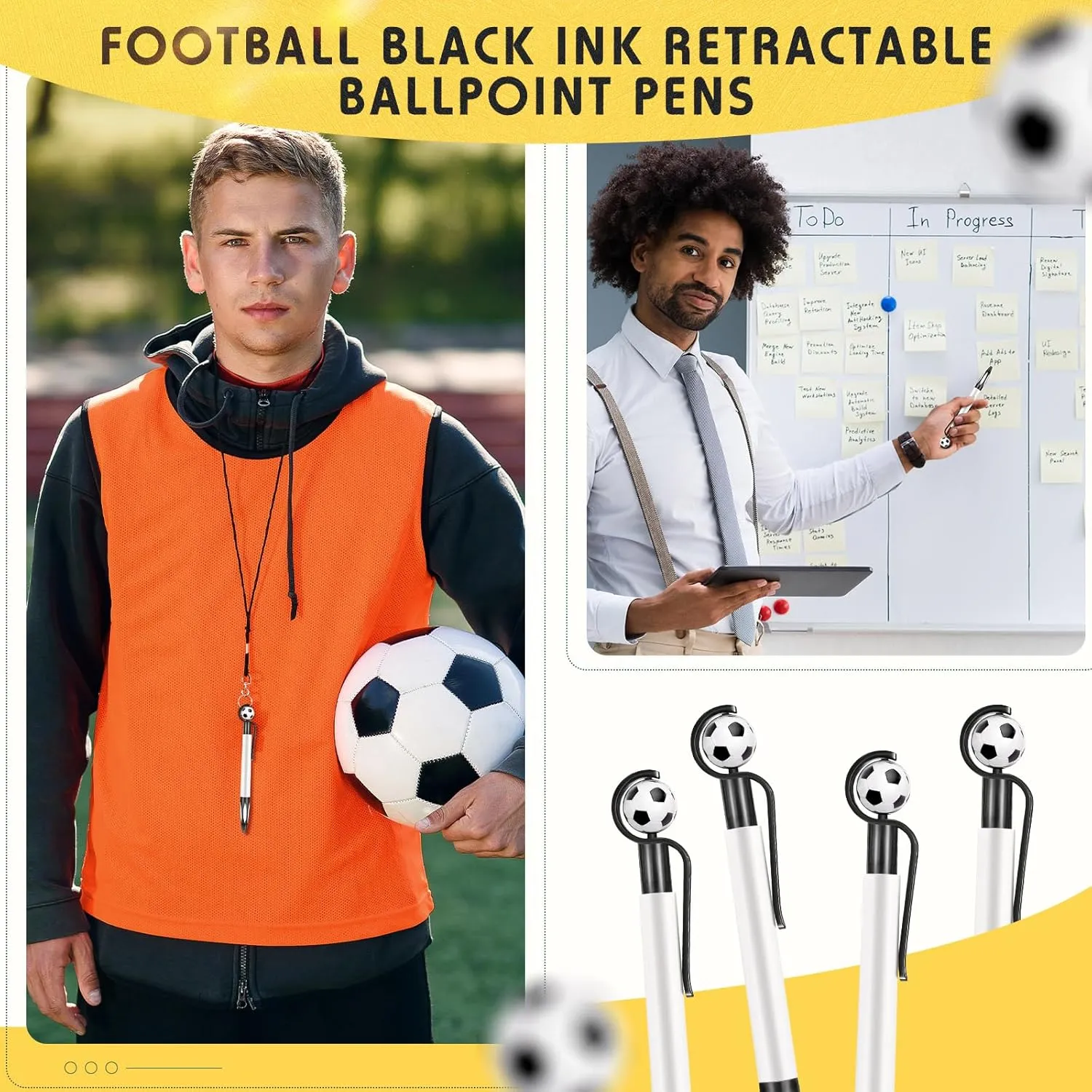Dianelhall 20 Pcs Soccer Party Favors Soccer Pen Ballpoint Pens Retractable Multicolor Medium Point 1.0 mm Soft Grip Pen for Office(Black,Vivid)