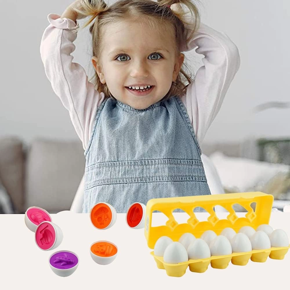 Dimple 12 PCS Vehicle Car Egg Matching Toy with Holder – STEM Easter Eggs, Educational Shape & Color Puzzle, Plastic Easter Eggs, Easter Basket Stuffers, Easter Gifts for Kids & Toddlers
