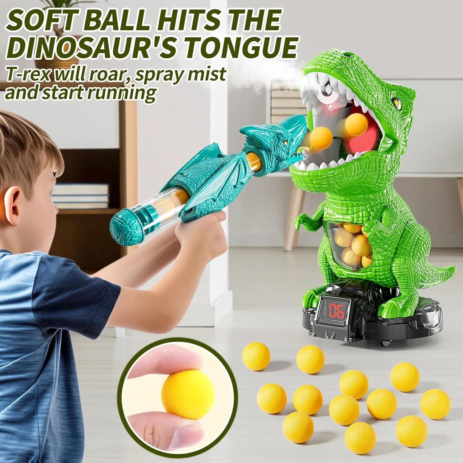 Dinosaur Shooting Boy Toys for Kids Age 3 4 5 6 7 8 - Moveable Shooting Game with Scoreboard, Light and Sound, 12 Foam Balls, Boy Toddler Toys 5-7 6-8 8-10, Competition Game Gifts (Green)