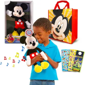 Disney Mickey Mouse Singing Plush - Bundle with 4 Pc Stuffed Singing Toy, Tote Bag, Stickers, and Door Hanger | Mickey Mouse Plushie