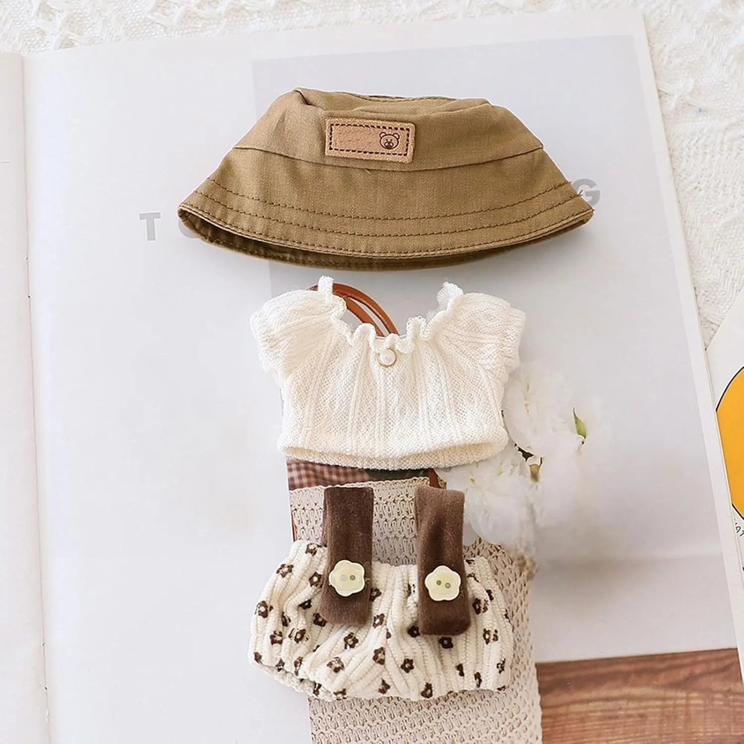 Doll Clothes Outfit Set Compatible with Labubu Cute Hat, Top & Overalls Fits 17cm (6.7 Inches) Dolls Dress Up Accessories for Dolls DIY (No Doll) (Khaki)