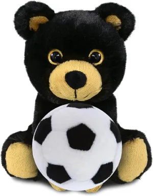 DolliBu Big Eye Black Bear Stuffed Animal with Soccer Ball Plush - Huggable Bear Adorable Playtime Plush Toy, Cute Wildlife Gift, Super Soft Stuffed Doll Animal Toy for Kids, Adults - 6.5 Inches