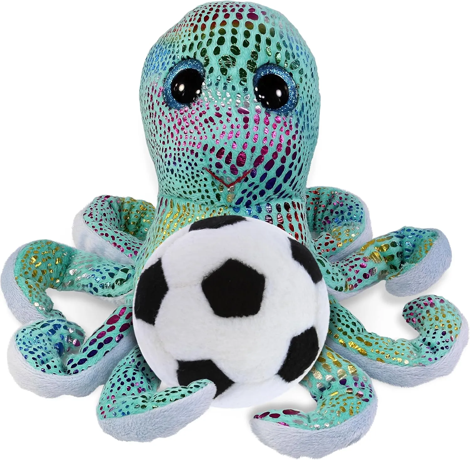 DolliBu Iridescent Rainbow Octopus Stuffed Animal with Soccer Ball Plush - Huggable Octopus Playtime Plush Toy, Cute Ocean Life Gift, Super Soft Stuffed Doll Animal Toy for Kids, Adults - 9 Inches