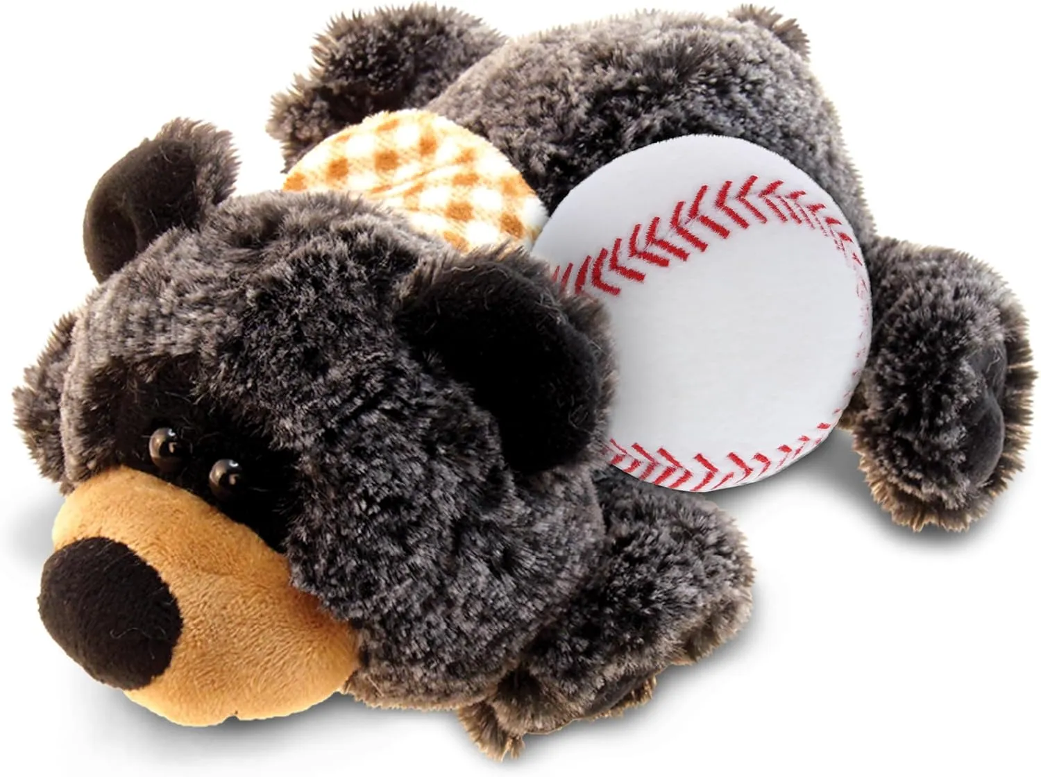 DolliBu Lying Black Bear Stuffed Animal with Baseball Plush – Soft Huggable Bear, Adorable Playtime Bear Plush Toy, Baseball Plush Animal Toy for Kids and Adults – 9 Inch