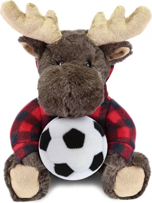 DolliBu Moose Stuffed Animal with Soccer Plush - Soft Huggable Moose with Red Plaid Hoodie, Adorable Playtime Plush Toy, Cute Wildlife Gift for Kids and Adults - 10 Inch