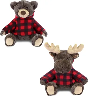 DolliBu Plush Brown Bear and Moose with Red Plaid Hoodie - Soft Huggable Adorable Playtime Zoo Plush with Clothes, Cute Wildlife Cuddle Gift for Kids and Adults - Set of 2