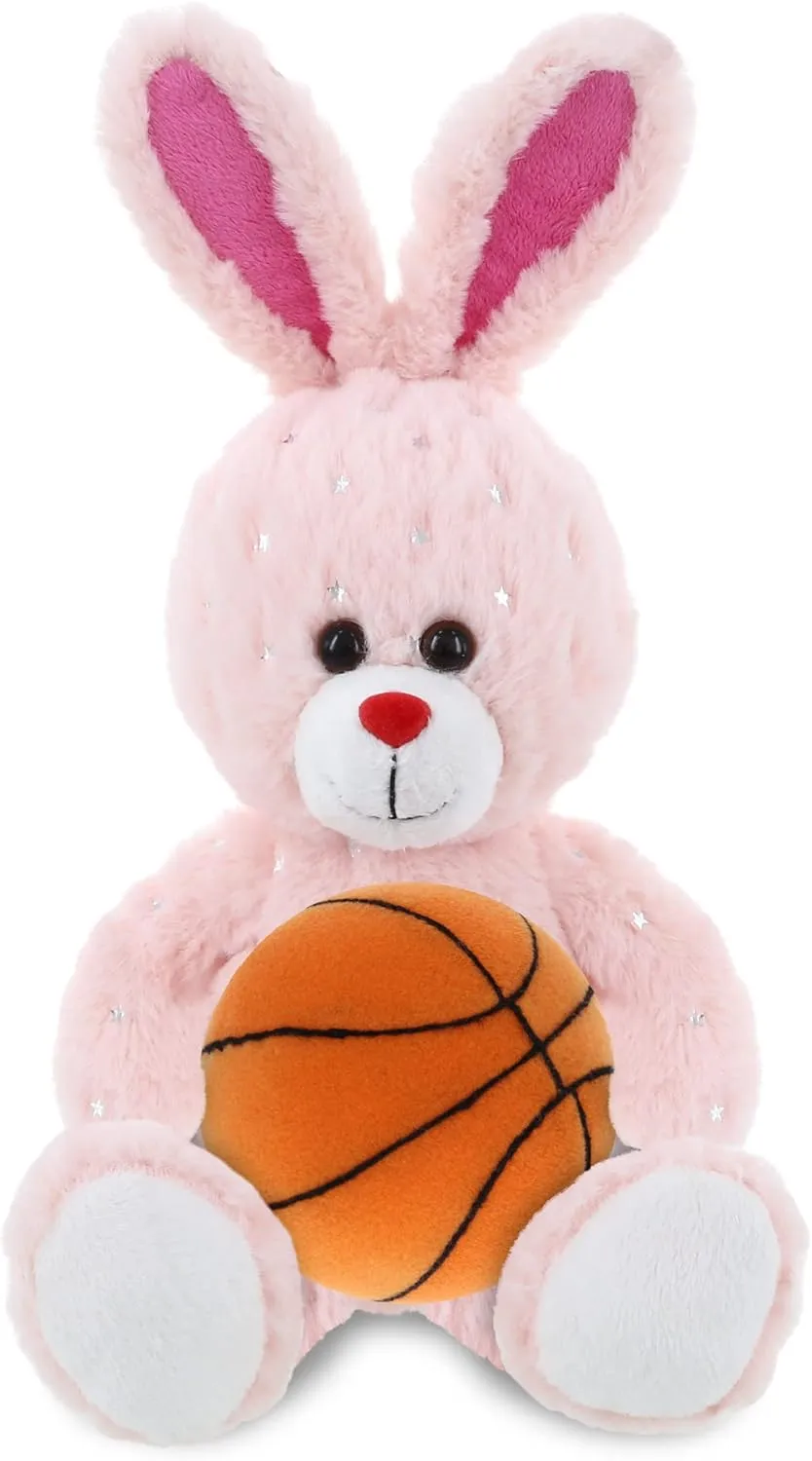 DolliBu Rose Gold Bunny Stuffed Animal with Basketball Plush - Soft Huggable Bunny, Adorable Playtime Bunny Plush Toy, Cute Animal Gift for Kids and Adults - 8 Inches