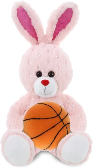 DolliBu Rose Gold Bunny Stuffed Animal with Basketball Plush - Soft Huggable Bunny, Adorable Playtime Bunny Plush Toy, Cute Animal Gift for Kids and Adults - 8 Inches