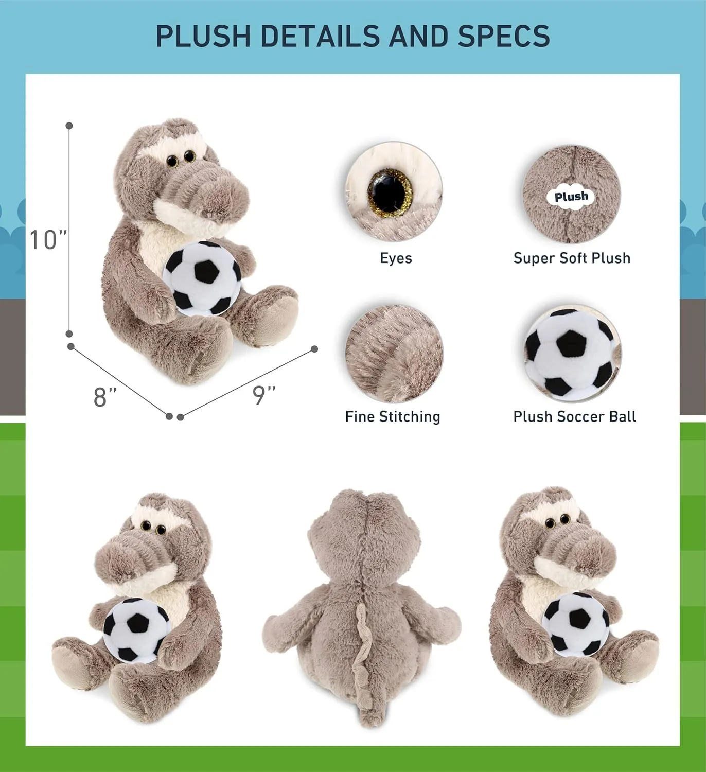 DolliBu Sitting Grey Alligator Stuffed Animal with Soccer Ball Plush - Soft Huggable Alligator, Adorable Playtime Plush Toy, Cute Sports Gift for Kids and Adults - 9 Inch