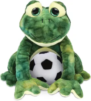 DolliBu Squat Frog Stuffed Animal with Soccer Ball Plush - Soft Huggable Frog, Adorable Playtime Frog Plush Toy, Cute Wildlife Gift for Kids and Adults - 10.5 Inches