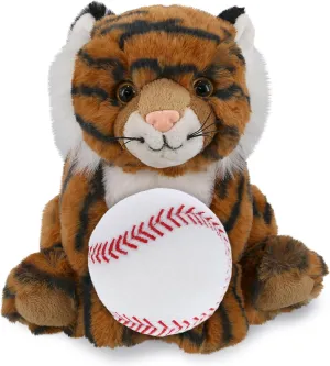 DolliBu Squat Tiger Stuffed Animal with Baseball Plush - Huggable Safari Life Tiger with Plush Baseball Toy Gift for Kids and Adults - 8 Inches