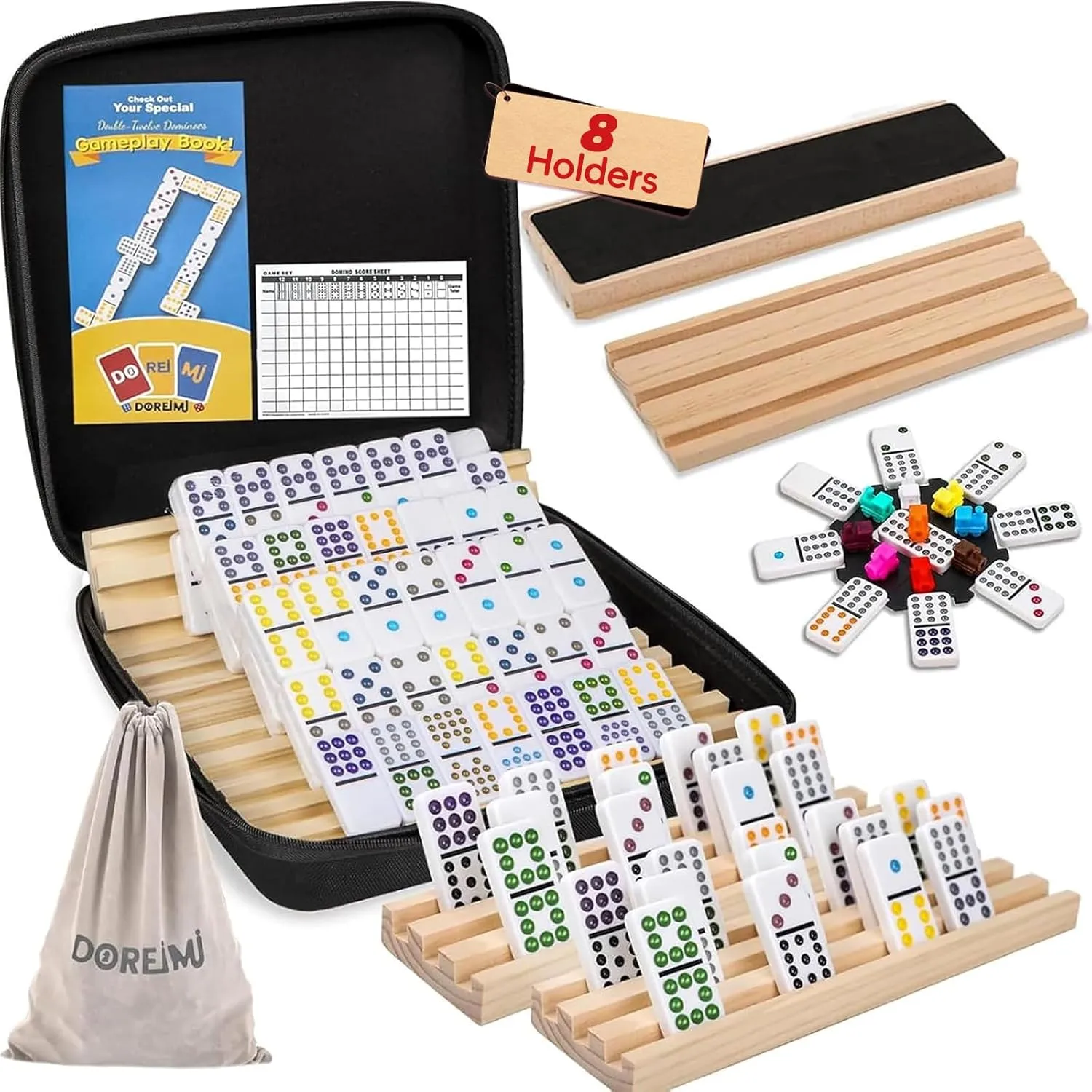 Double 12 Mexican Train Dominoes Set with 8 Wooden Racks & 91 Dot Tiles Portable Travel Board Game for Kids and Adults Family Game Night