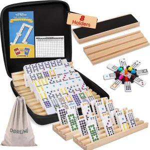 Double 12 Mexican Train Dominoes Set with 8 Wooden Racks & 91 Dot Tiles Portable Travel Board Game for Kids and Adults Family Game Night