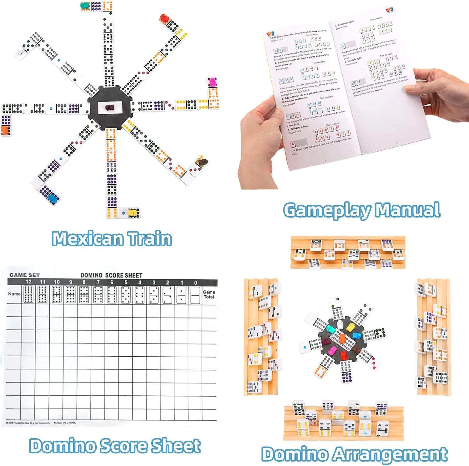 Double 12 Mexican Train Dominoes Set with 8 Wooden Racks & 91 Dot Tiles Portable Travel Board Game for Kids and Adults Family Game Night