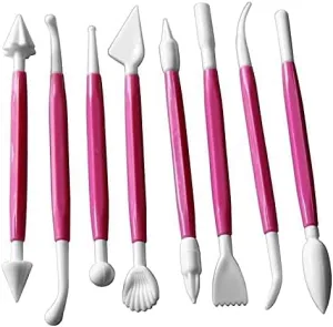 Double-Headed Clay Modeling Tools Set, 8 Pieces, Pink and White, Sculpting and Fondant Cake Decorating Kit