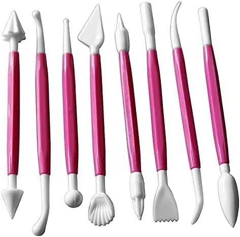 Double-Headed Clay Modeling Tools Set, 8 Pieces, Pink and White, Sculpting and Fondant Cake Decorating Kit
