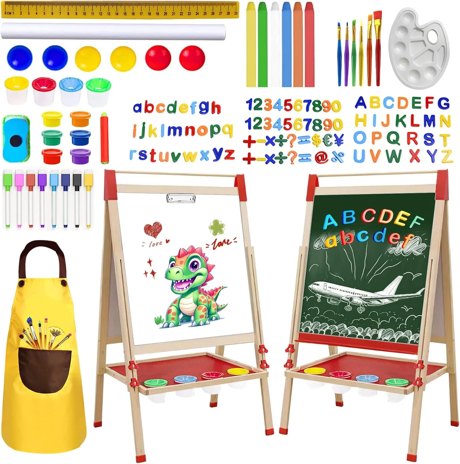 Double Sided Chalk & White Board Magnetic Art Easel for Kids, Adjustable Height Wooden Easel with Alphabet Numbers, Paper Roll, Educational Toys for Toddlers