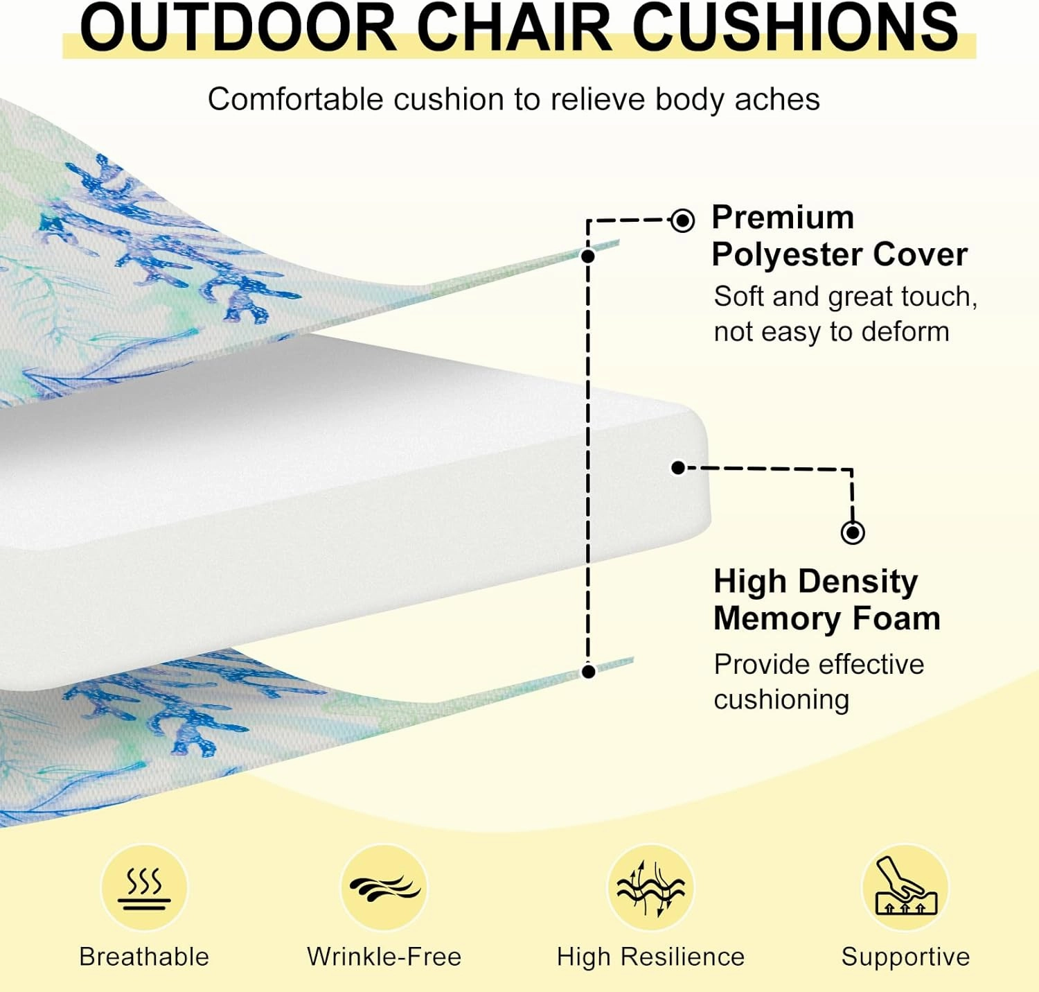 downluxe Outdoor Chair Cushions Set of 4 for Patio Furniture, Water-Resistant Patio Chair Cushions with Ties, High Density Foam Outdoor Seat Cushion, 17" X 16" X 2", Blue Coral